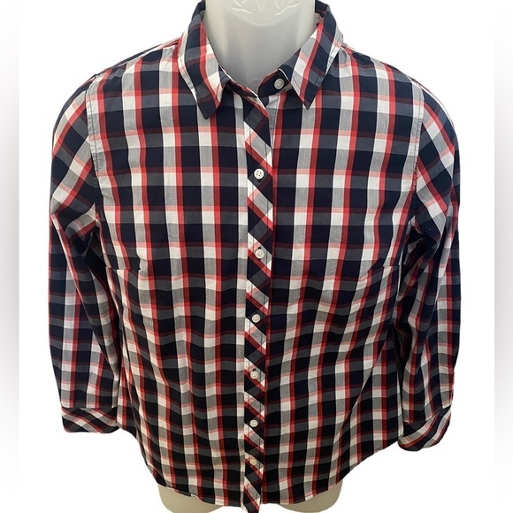 1901 Plaid Red, White & Blue Top Long Sleeve Blouse Women SP Small Petite - Picture 1 of 6